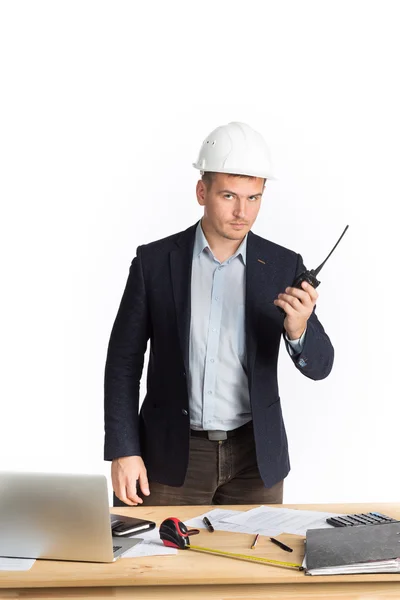 Engineer using walkie talkie. isolated on white. — Stock Photo, Image