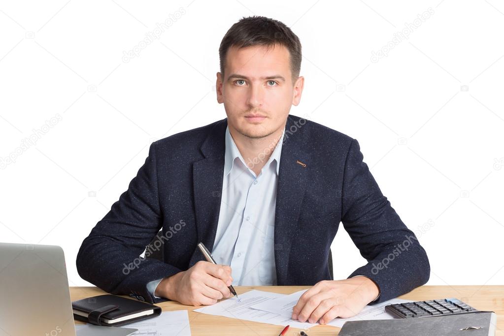 businessman sitting and writing. isolated on white background