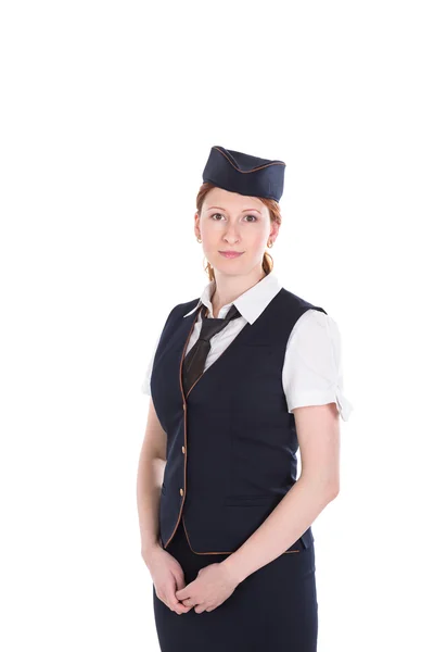 Hostess sorridente in uniforme isolata su sfondo bianco — Foto Stock