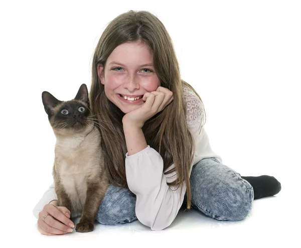 子供とシャム猫 ストック画像
