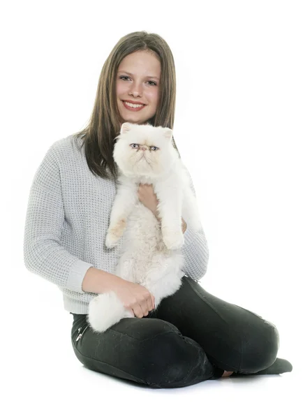 Vit Perser katt och tonåring — Stockfoto