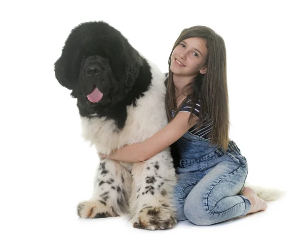 Teenager and newfoundland dog — Stock Photo, Image