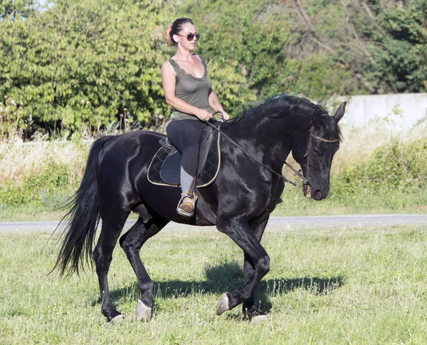 Riding girl on black stallion — Stock Photo, Image