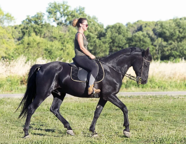 Riding girl on black stallion — Stock Photo, Image