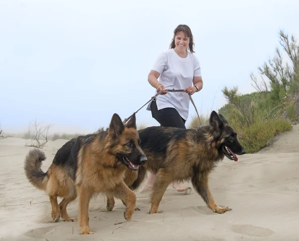 Onun köpekleri ile yürüyen kadın — Stok fotoğraf