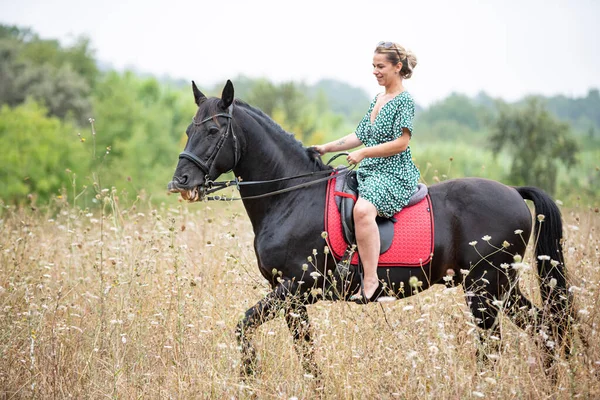 乗馬の女の子は黒い馬と歩いています — ストック写真