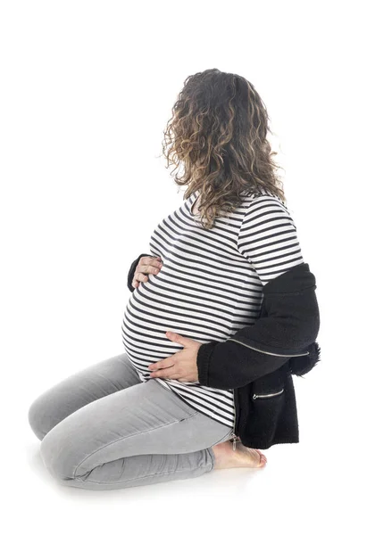 Mujer Embarazada Delante Fondo Blanco — Foto de Stock