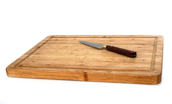 Chopping Board Knife Front White Background — Stock Photo, Image