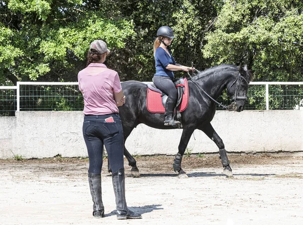 Equitação Menina Professor Estão Treinando Seu Cavalo Preto — Fotografia de Stock