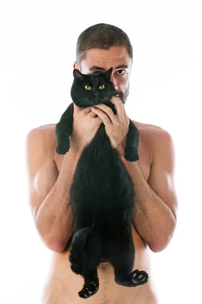 Homem e gato preto — Fotografia de Stock