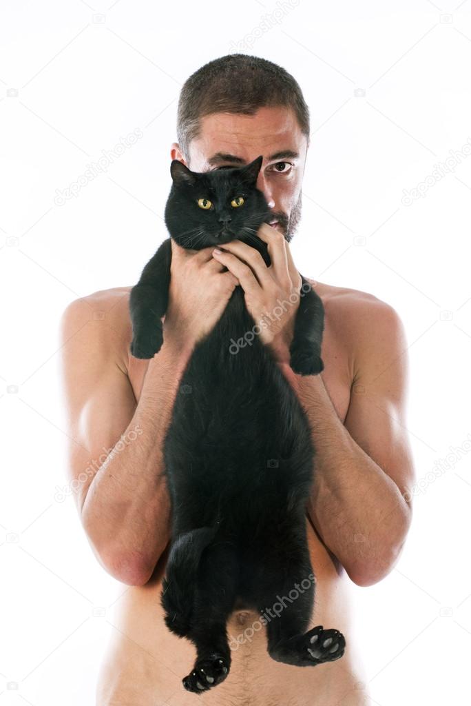 man and black cat