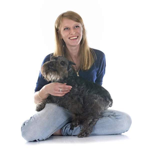 Woman and miniature schnauzer — Stock Photo, Image