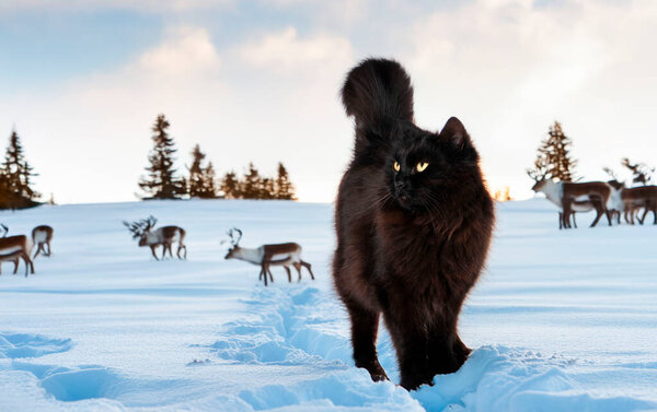 crossbred of maine coon in front of winter background