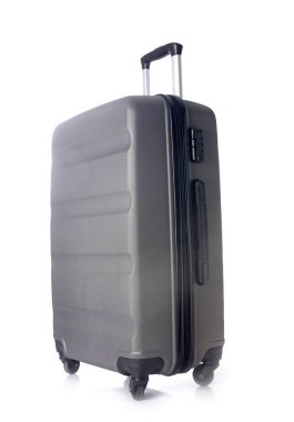 Beyaz arkaplan önünde gri bavul