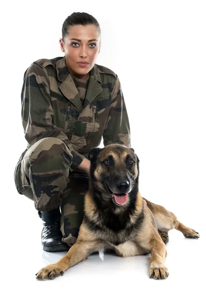 Woman soldier and malinois — Stock Photo, Image