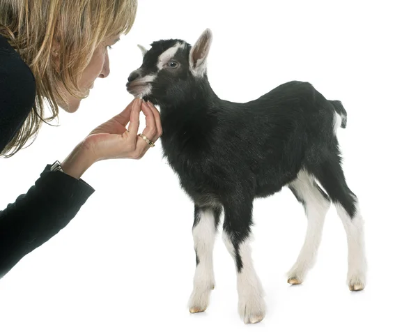 Woman stroking black and white kid — Stock Photo, Image