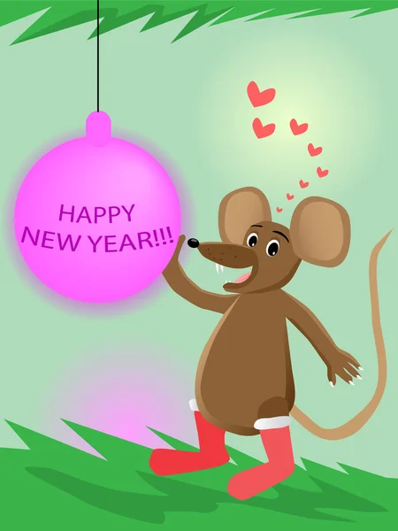 Ratón y bola de año nuevo — Vector de stock