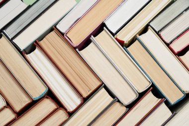 Bir sürü kitap yığını. Ahşap masadaki sert ciltli kitaplar. Okula dönelim. Boşluğu kopyala