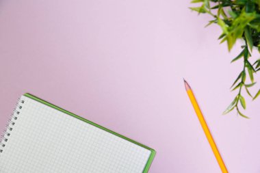 Pembe çalışma alanındaki ofis malzemeleri. Metni kopyalamak için üst görünümü kullan. Desenci çalışma alanı düz masa üzerinde temel elementler yatıyordu