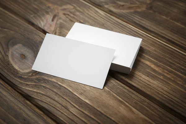 Cartes Visite Vierges Modèle Blanc Sur Fond Bois Flat Lay — Photo