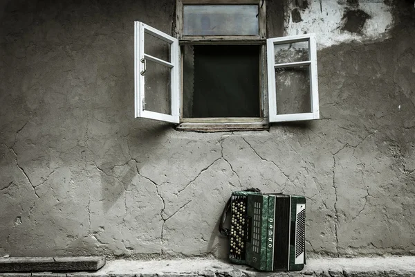 Зеленый аккордеон на фоне старой стены — стоковое фото