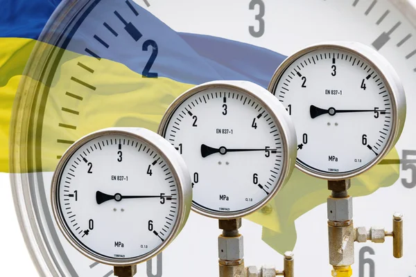 Wellhead Pressure Gauge on flag Ukraine — Stock Photo, Image