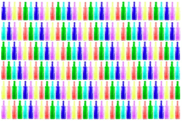 Botellas de colores son varias filas sobre un fondo blanco —  Fotos de Stock