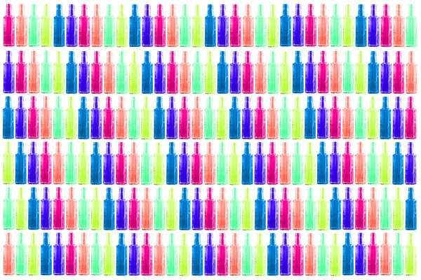 Botellas de colores son varias filas sobre un fondo blanco —  Fotos de Stock