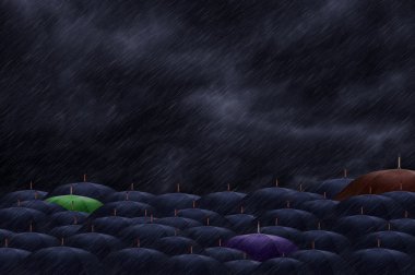 Three color  umbrella mingling with grey umbrellas - Be differen clipart