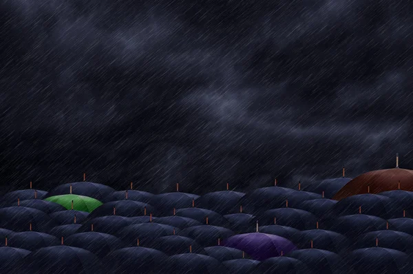 Three color  umbrella mingling with grey umbrellas - Be differen — Stock Photo, Image
