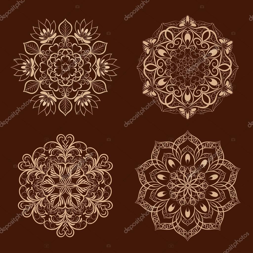Set From Vector Coffee Color Flower Mandala Over Dark Brown Elements For Your Designs Invitation Card Yoga Meditation Astrology And Other Projects