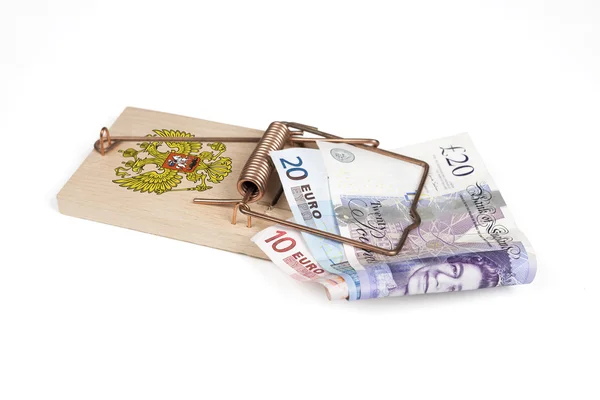 Russian Mouse Trap Euro Pound Bills Isolated White Clipping Path — Stock Photo, Image