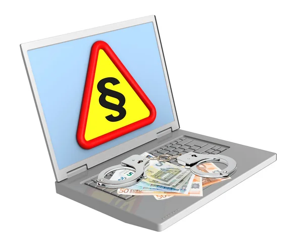 Laptop with paragraph sign, euro bills and handcuffs — Stock Photo, Image