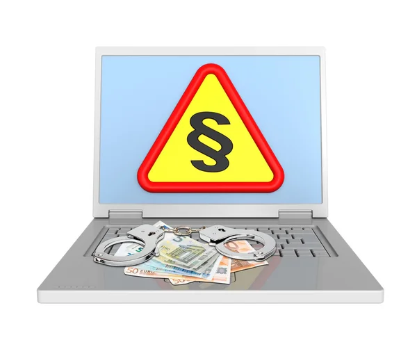 Laptop with paragraph sign, euro bills and handcuffs — Stock Photo, Image