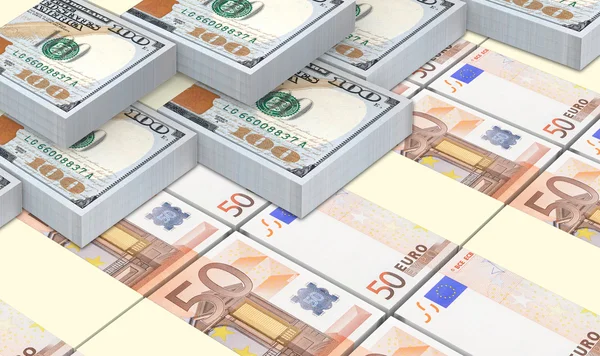 Europäische Banknoten stapeln sich vor dem Hintergrund amerikanischer Dollars. — Stockfoto