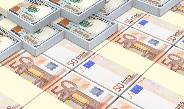 European currency bills stacks with american dollars background. — Stock Photo, Image