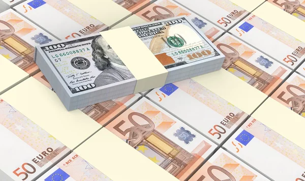 Europäische Banknoten stapeln sich vor dem Hintergrund amerikanischer Dollars. — Stockfoto