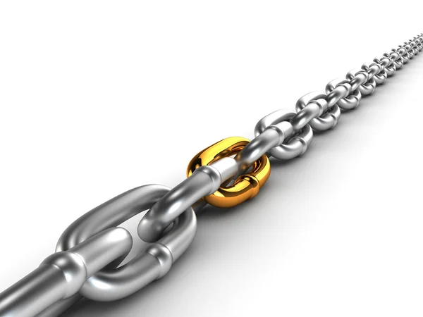 Chrome chain with a gold link — Stock Photo, Image