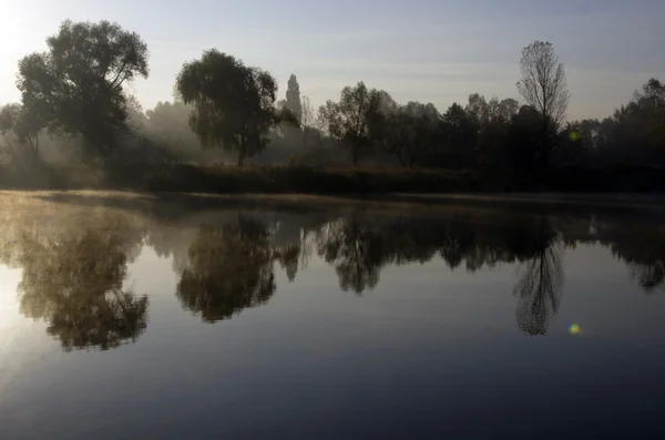 Mglisty poranek krajobraz jesień parku w pobliżu jeziora. Ubierania — Zdjęcie stockowe