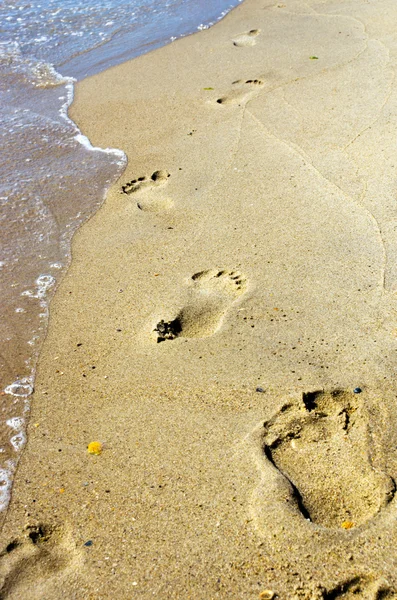 Beach, wave and footsteps at sunset time — Stock Photo, Image