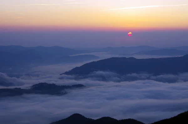 Incredibile paesaggio montano con fitta nebbia. Montagne Carpazie — Foto Stock