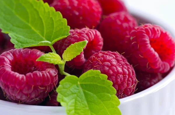 Una hermosa selección de frambuesas rojas maduras recién recogidas — Foto de Stock