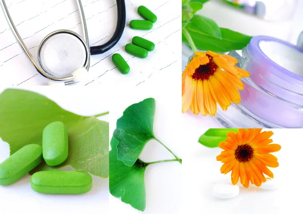 Várias imagens relacionadas com homeopatia em uma colagem — Fotografia de Stock