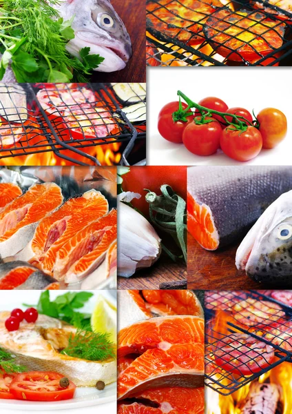 Коллаж из разных фотографий морепродуктов — стоковое фото
