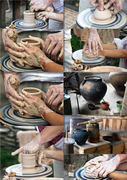 De handen van een pottenbakker helpen het kind maken een werper op een pottenbakkerij — Stockfoto