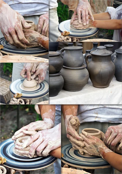 De handen van een pottenbakker helpen het kind maken een werper op een pottenbakkerij — Stockfoto