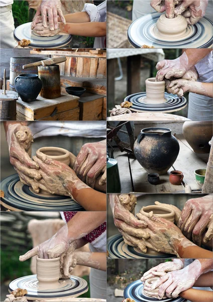 As mãos de um oleiro ajudam a criança a fazer um jarro em uma cerâmica — Fotografia de Stock