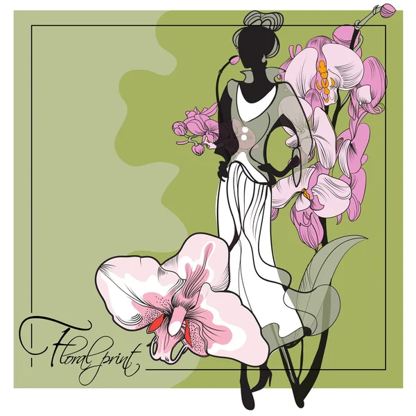 Modell in floralen Kleidern — Stockvektor