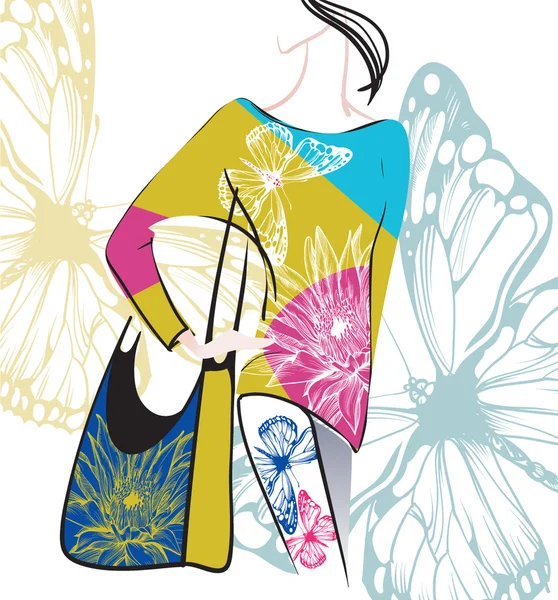 Modelo en la ropa decorada con estampados florales — Vector de stock