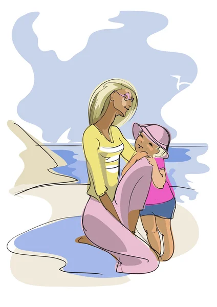 एक समुद्र तट पर युवा महिला और उसके बच्चे — स्टॉक वेक्टर